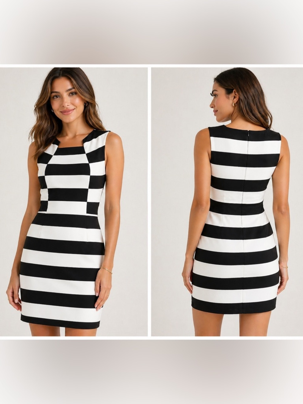 Trina Turk Striped Sheath Dress Size 12 Black White Sleeveless Square Neck